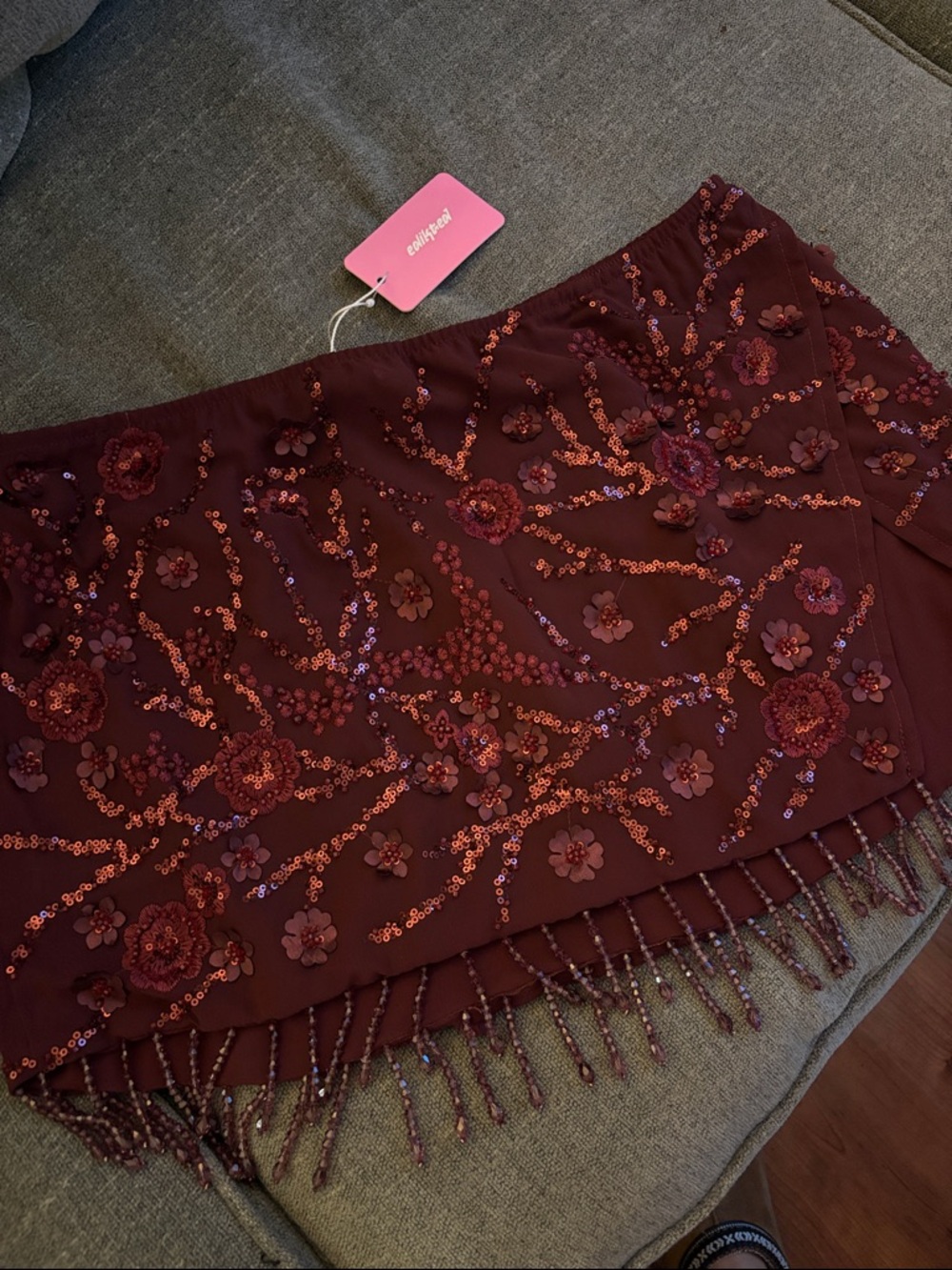 Edikted Burgundy Beaded Mini Skirt